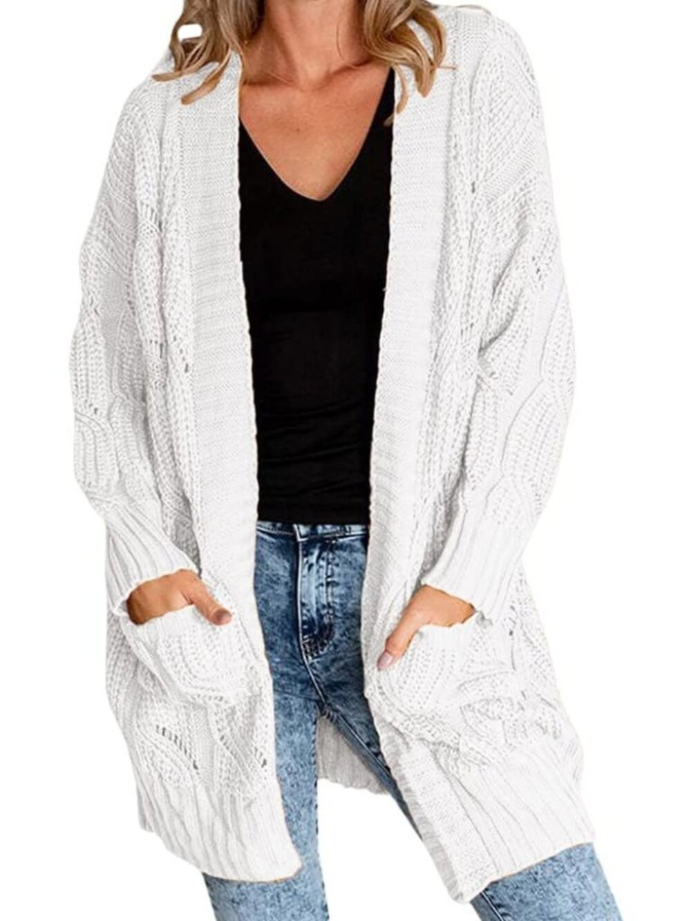 Women Light Grey Long Open Front Outerwear Cable Knit Long Sleeve Pocket Sweater